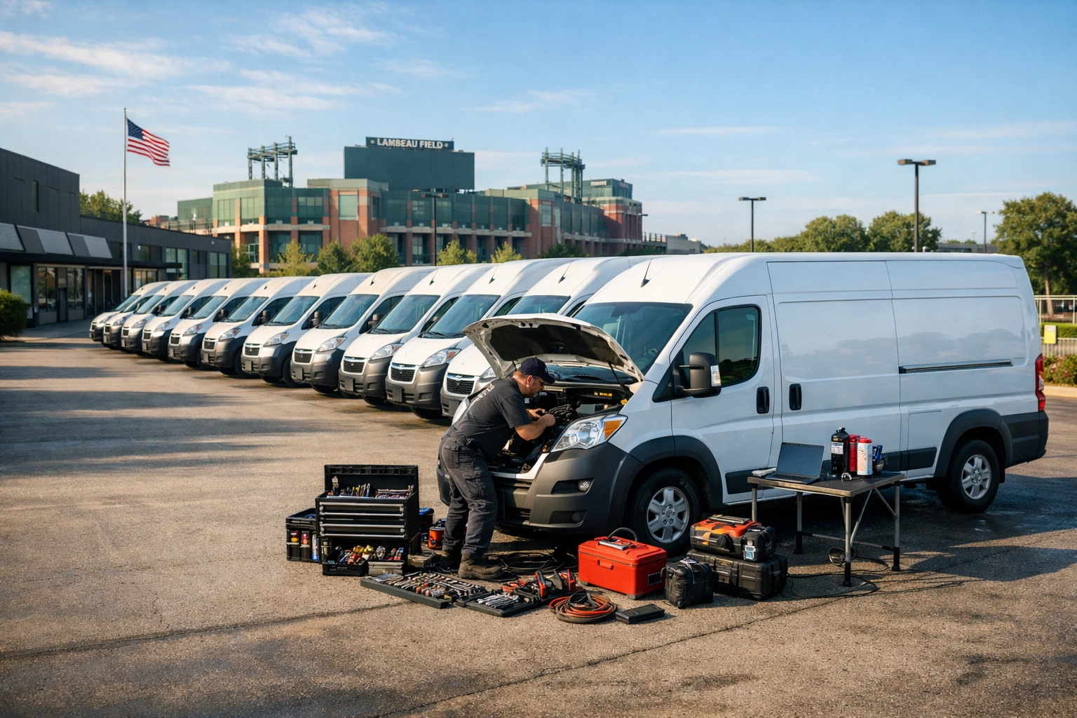 Efficient on-site fleet maintenance for commercial service vans at a Green Bay business.