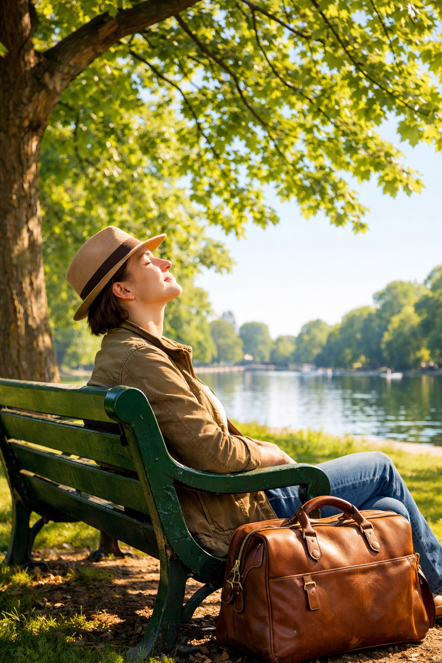A traveler resting in Hyde Park London to reset their internal clock and manage jet lag after a global flight.