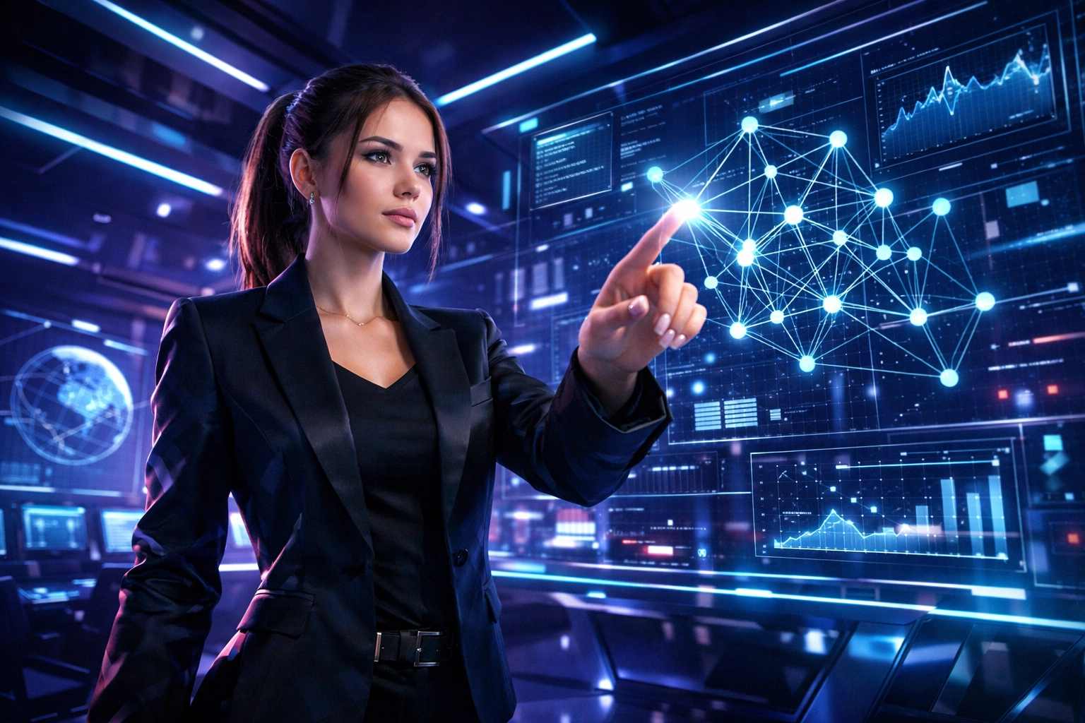 Future tech leader interacting with AI holographic data in a high-tech branded cloud lab for Gen Z recruitment.