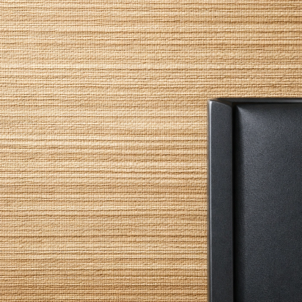 Detailed view of luxury beige grasscloth textured wallpaper installed in a modern Cheltenham bedroom.