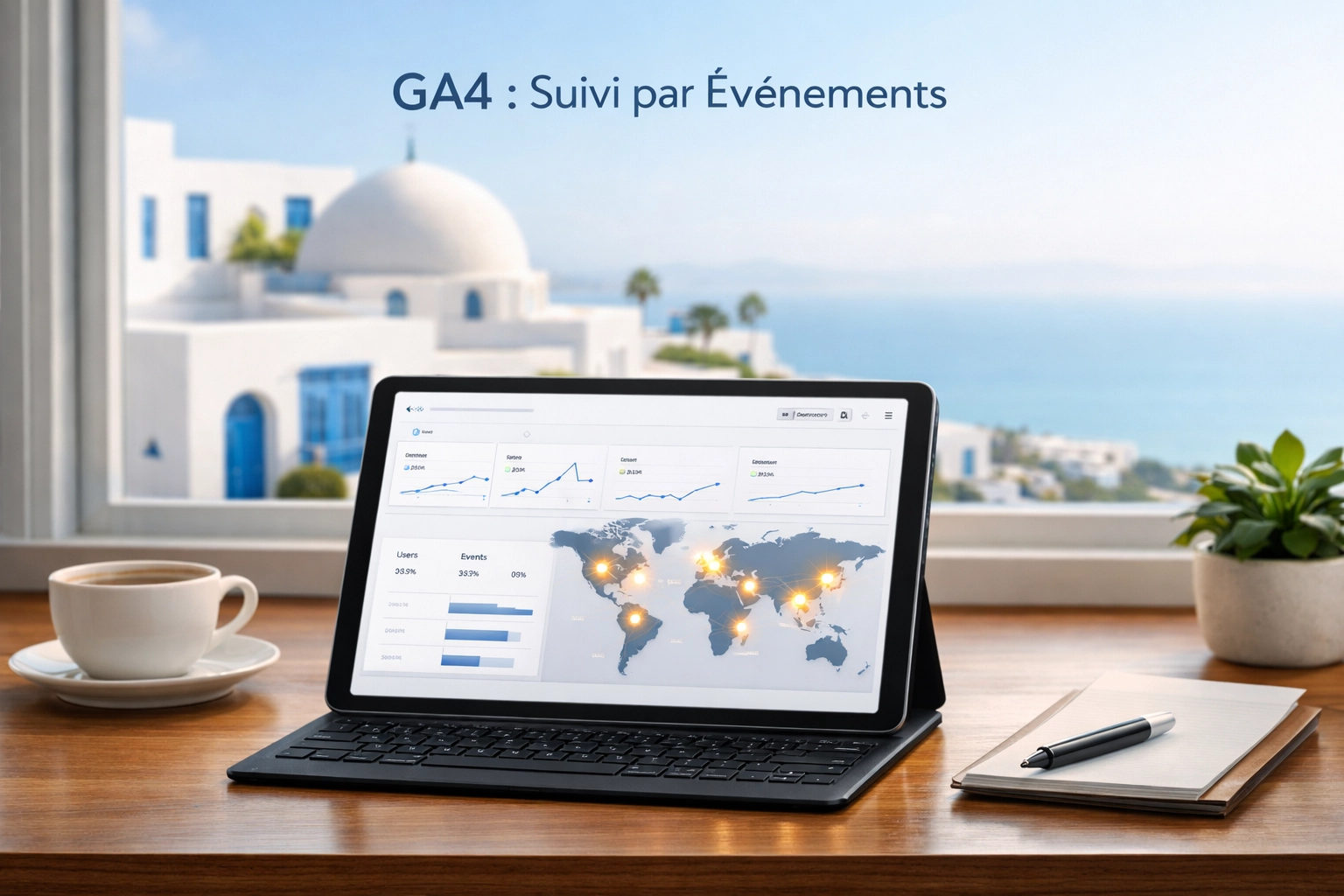 Tableau de bord Google Analytics 4 montrant le suivi des événements pour un site web en Tunisie.