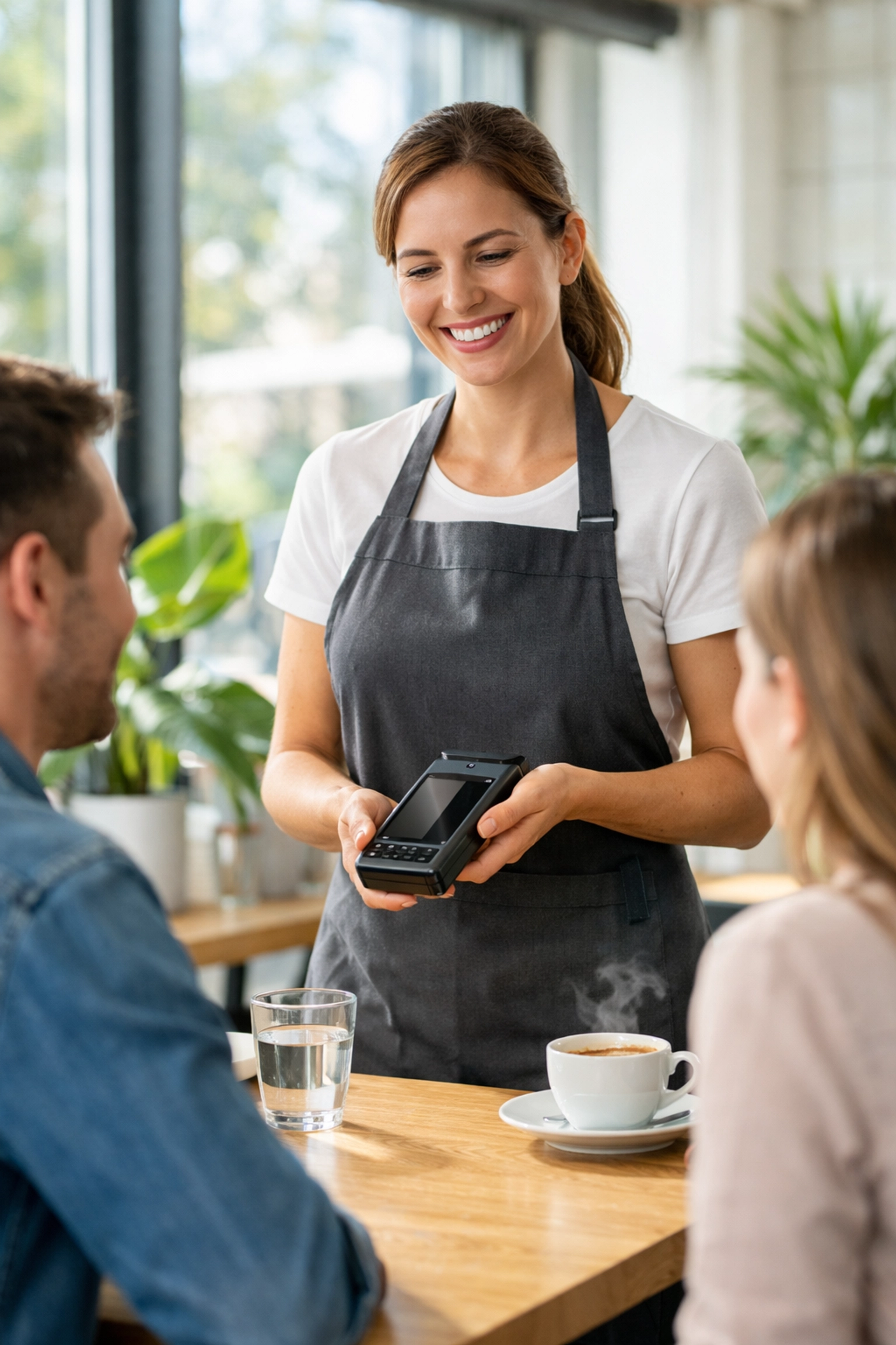 A restaurant server using a Toast POS handheld device for tableside ordering in a modern bistro.