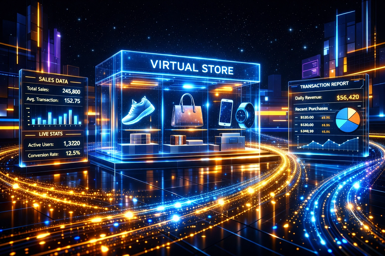 Futuristic metaverse storefront with holographic displays and crypto payment streams in Larecoin VR commerce