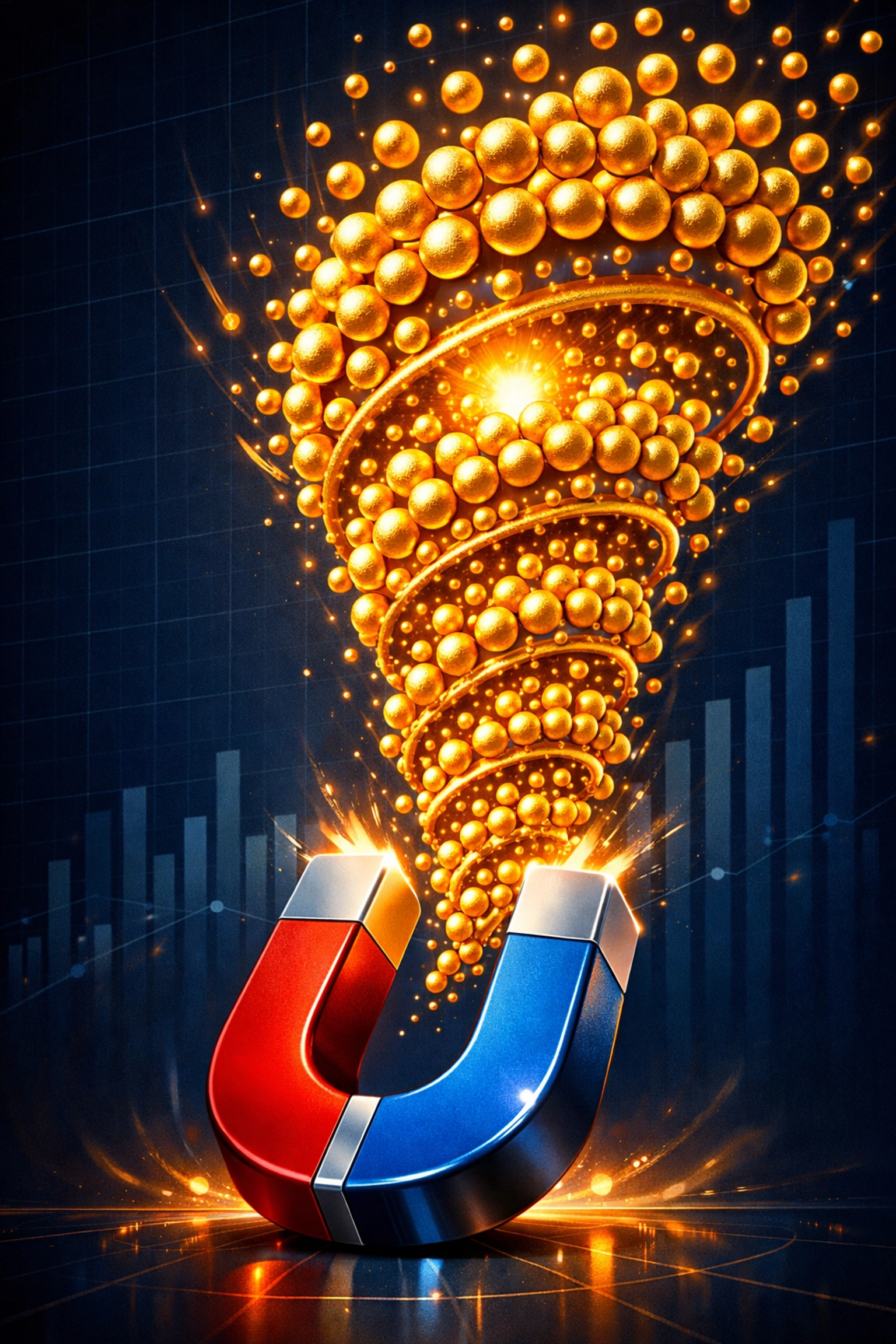 Powerful magnet pulling in gold spheres to illustrate revenue-focused MSME growth strategies for client retention.