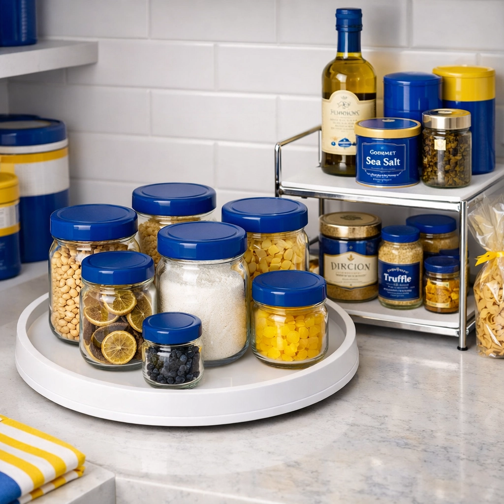 A pantry Lazy Susan and shelf riser holding organized glass jars to maximize storage space.