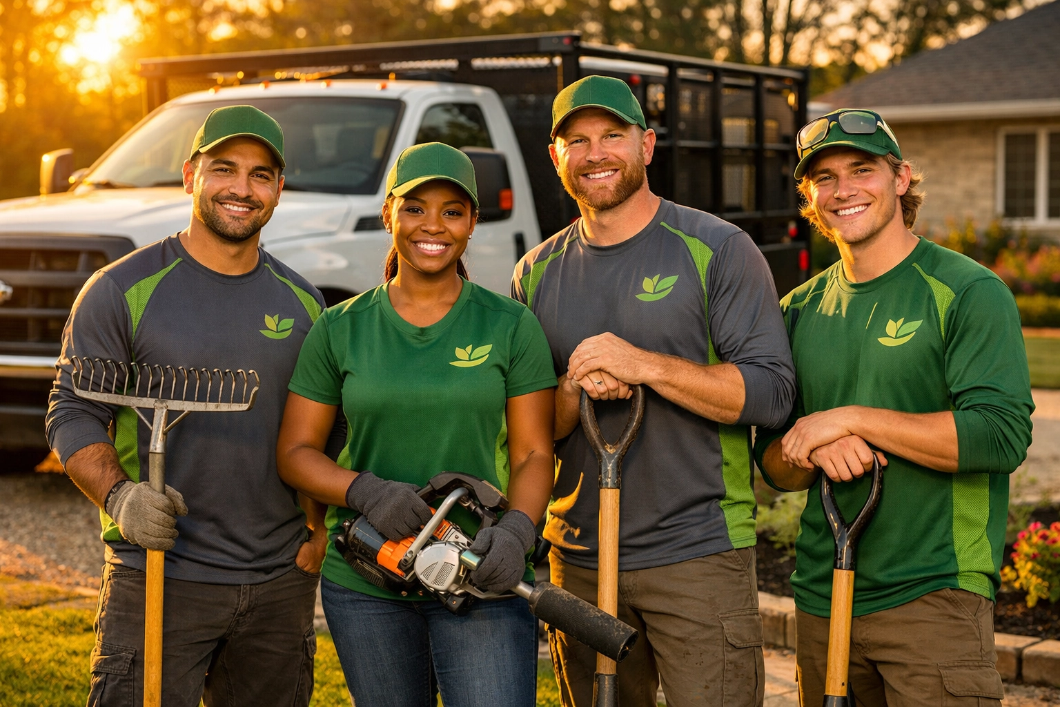 Professional landscaping crew wearing matching custom uniforms standing by completed lawn project