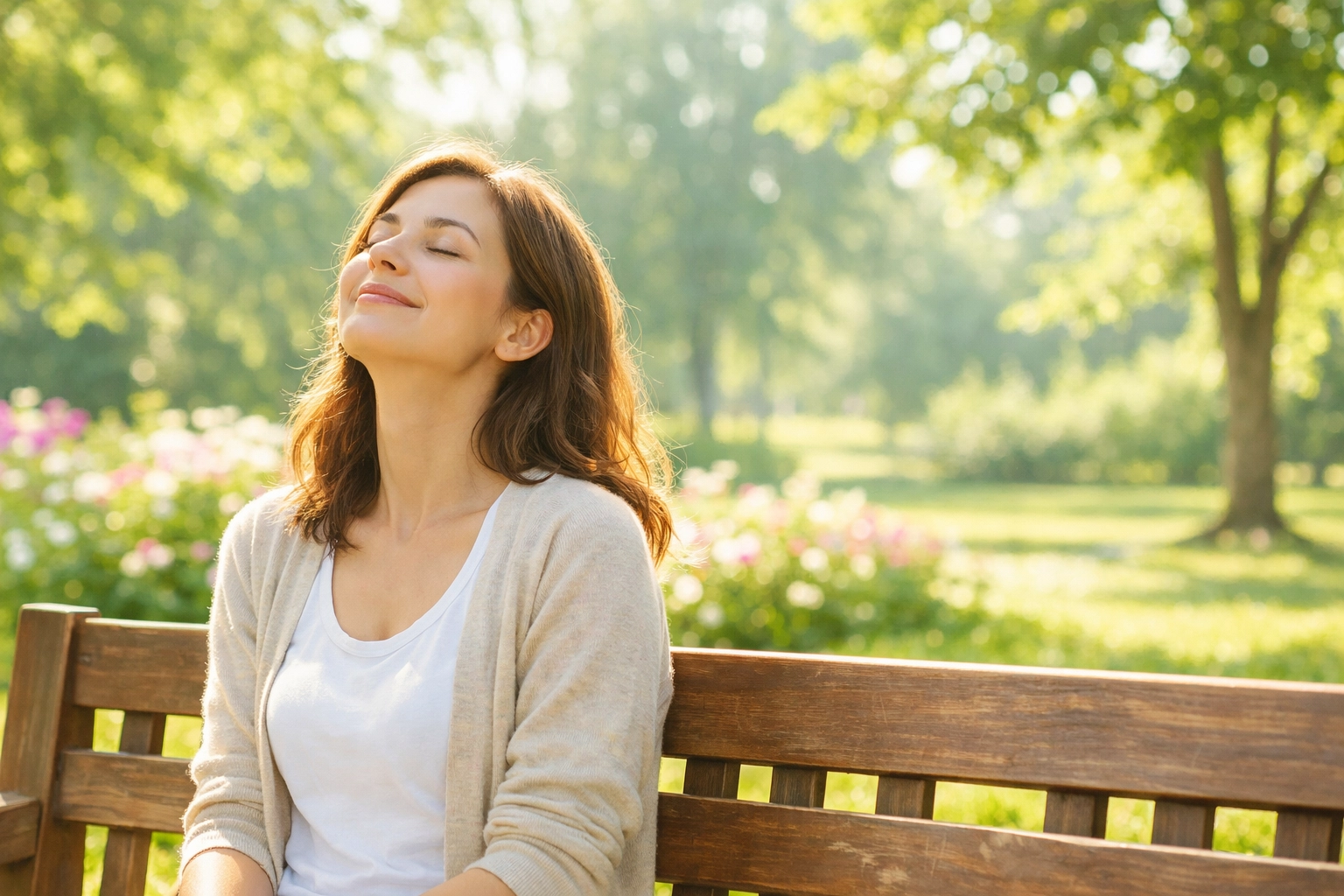 A woman looks up with gratitude in a sunny park, reflecting on the reality of divine healing today.