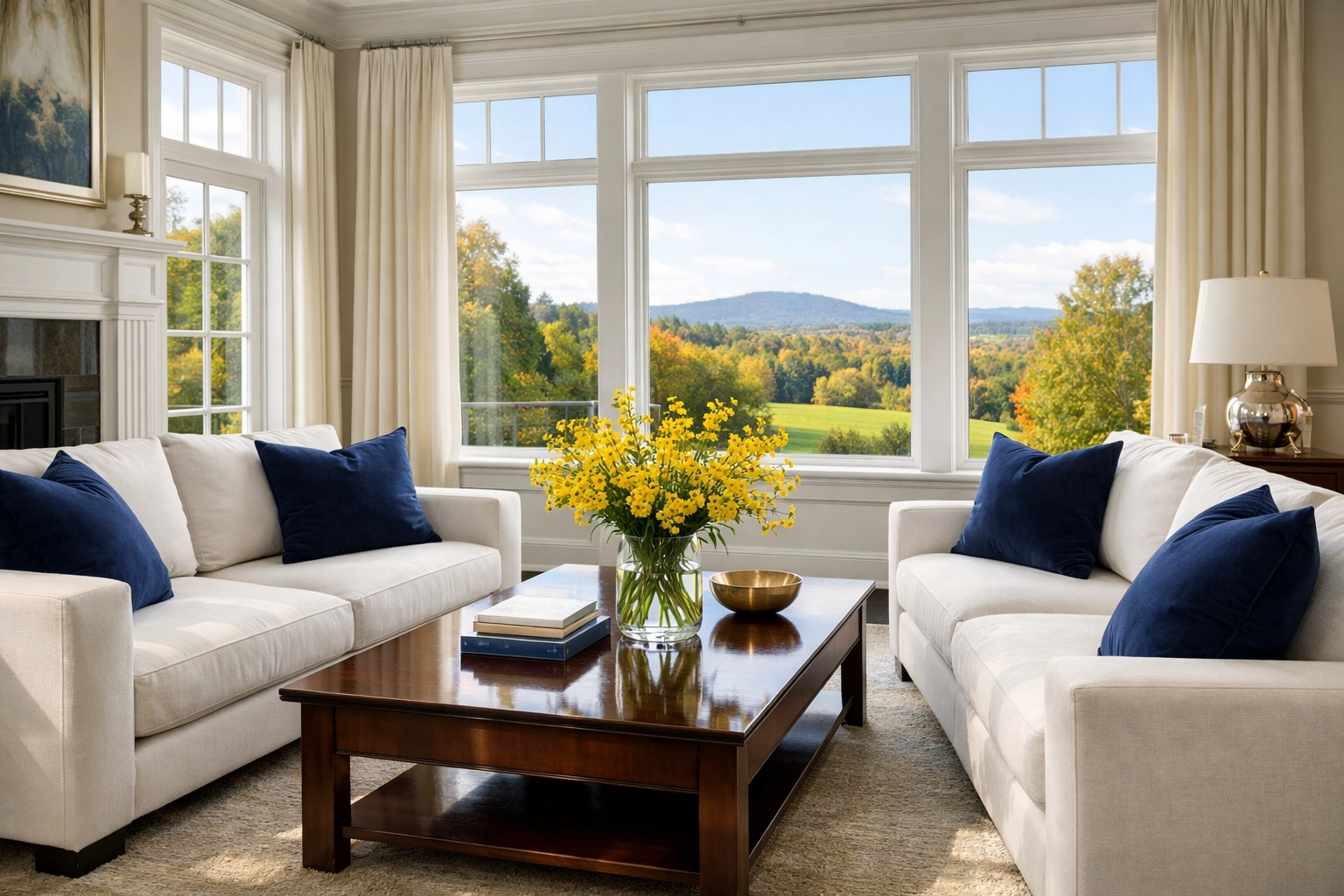 Flawlessly clean luxury living room in Harvard MA highlighting professional residential cleaning.