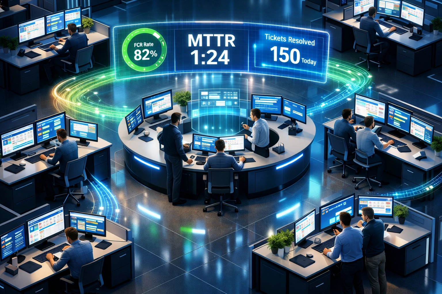 ServiceNow ITOM incident resolution workspace with KPI metrics and automated ticket routing visualization