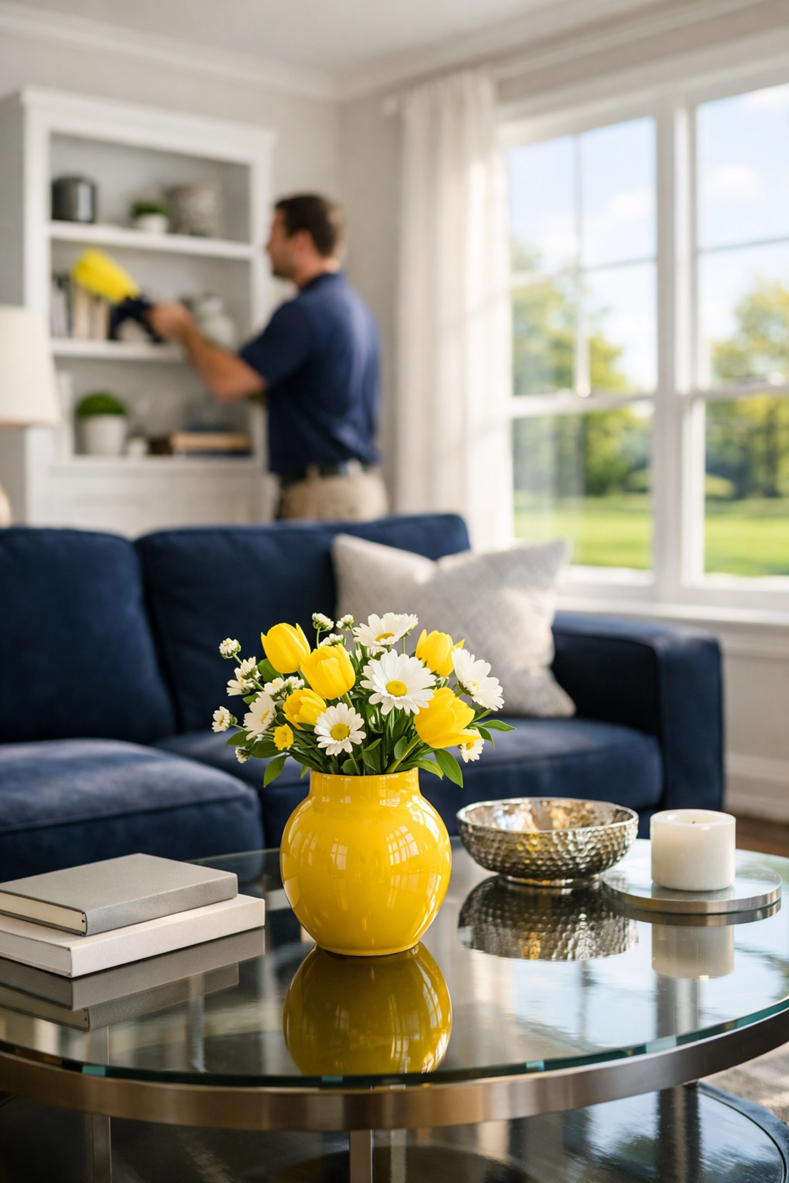 MetroWest Cleaning Services expert dusting a bright, modern living room in a Westford home.