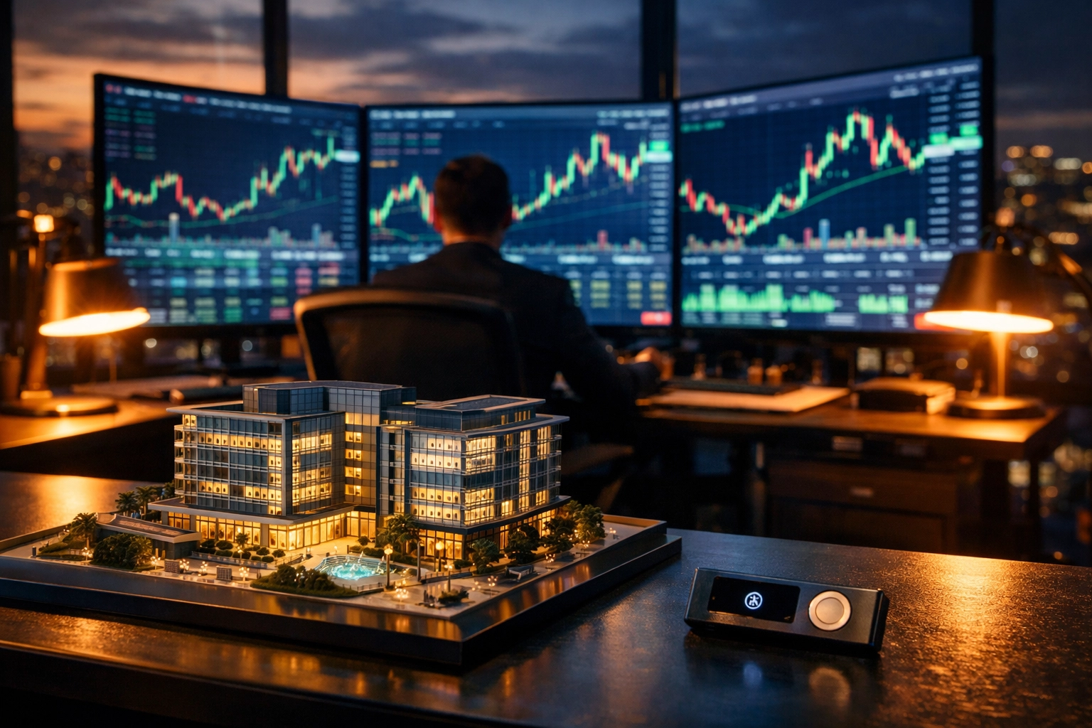 Institutional crypto trading desk with real estate model showing hedge fund investment strategy