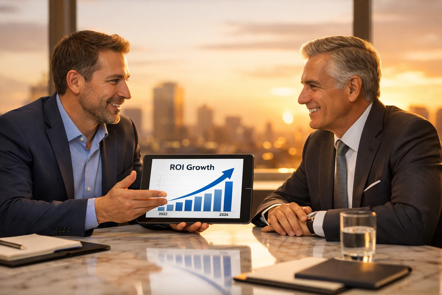 ServiceNow consultant and executive reviewing a rising ROI chart during a strategic planning session.