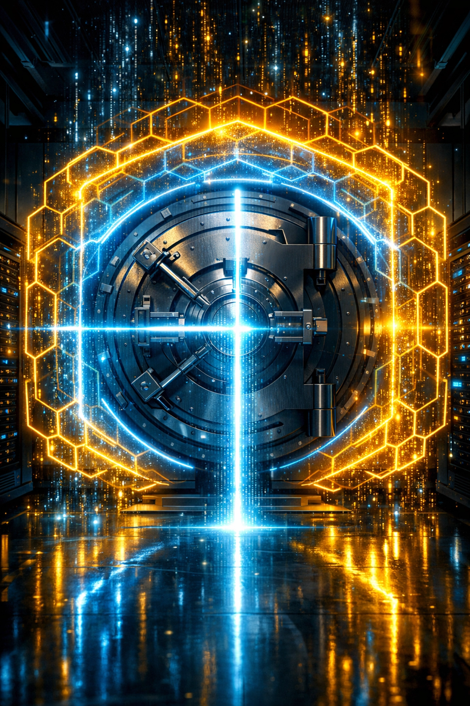 Ein futuristischer digitaler Tresor mit Biometrie-Scan symbolisiert Zero Trust Cybersecurity.