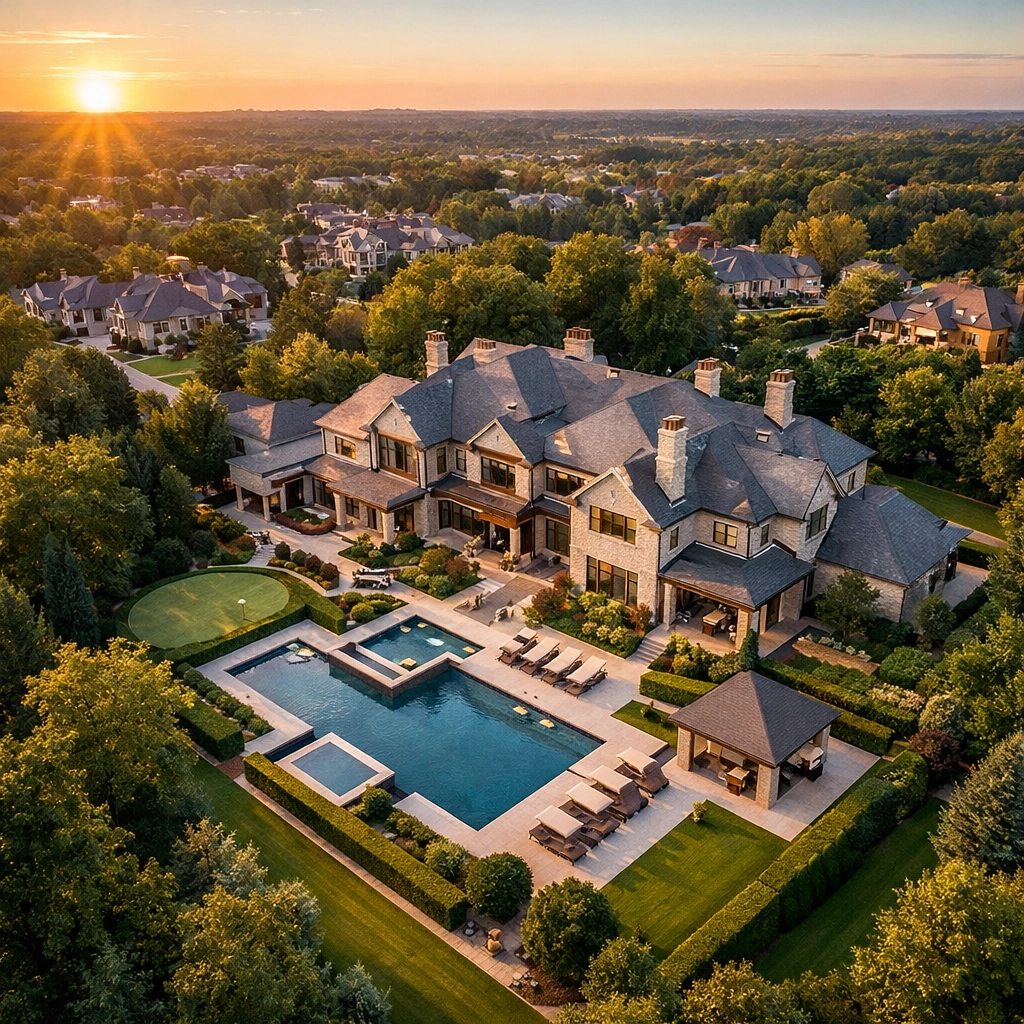 Aerial drone photography of a luxury estate showing the property scale and high-end suburban neighborhood.
