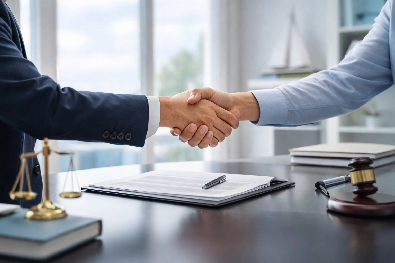 Client and divorce attorney shaking hands during initial consultation at a Hampton Roads law office