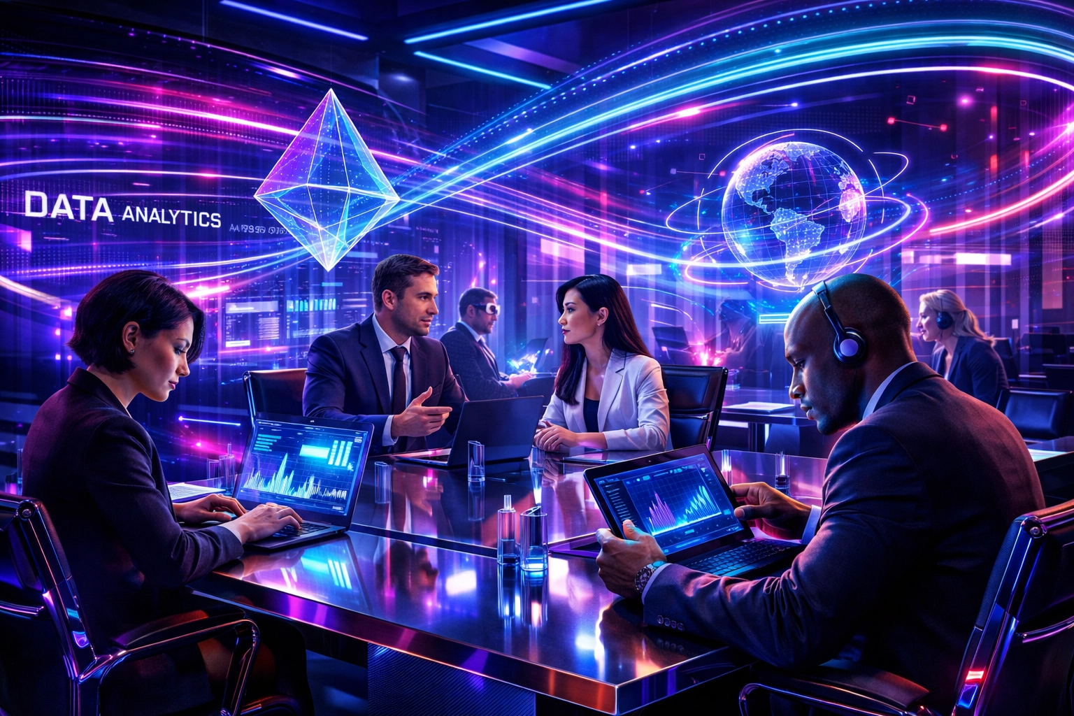 A professional corporate team engaging with immersive extended reality training data in a modern office.