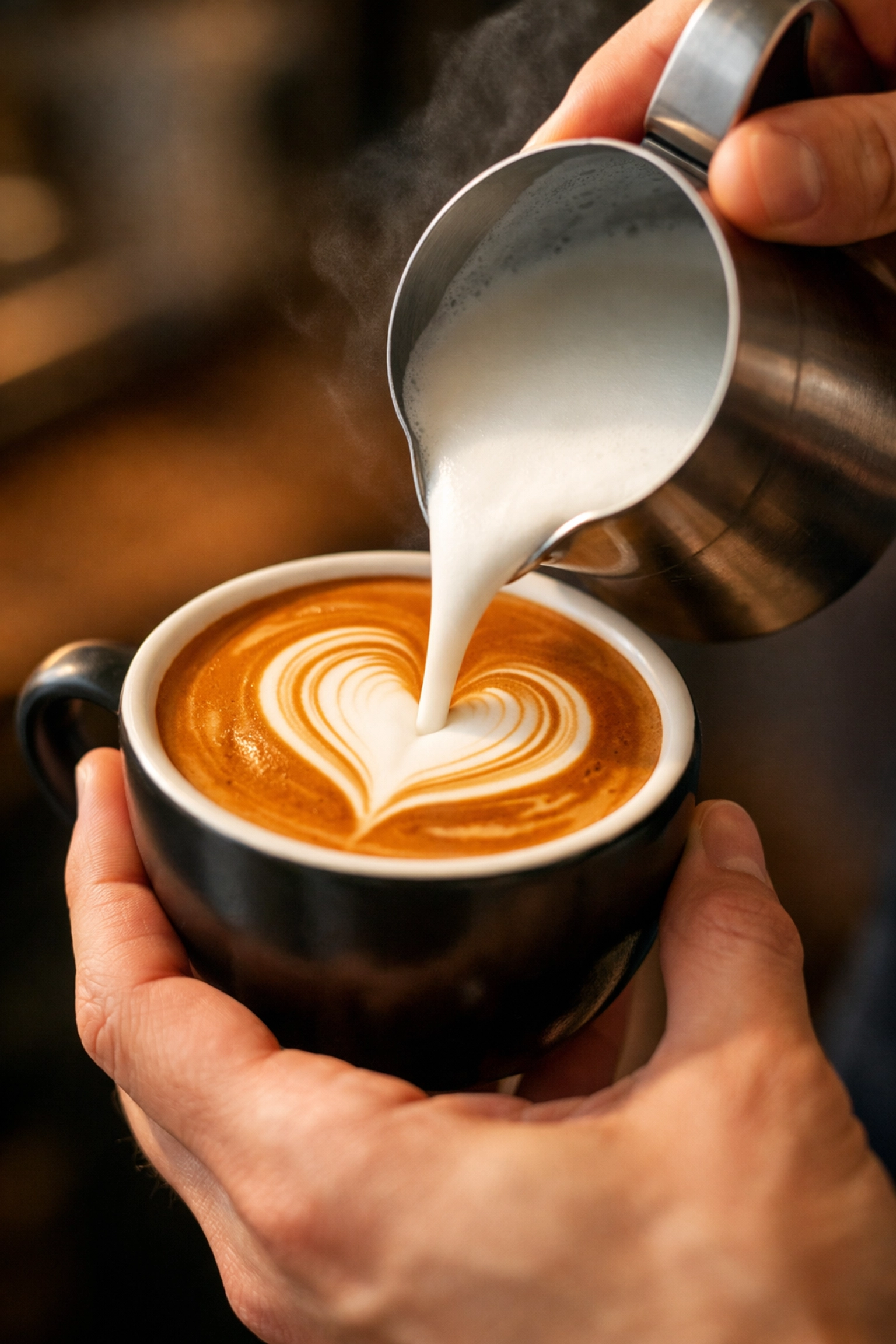A skilled barista pouring a latte art heart, highlighting the results of professional barista training.