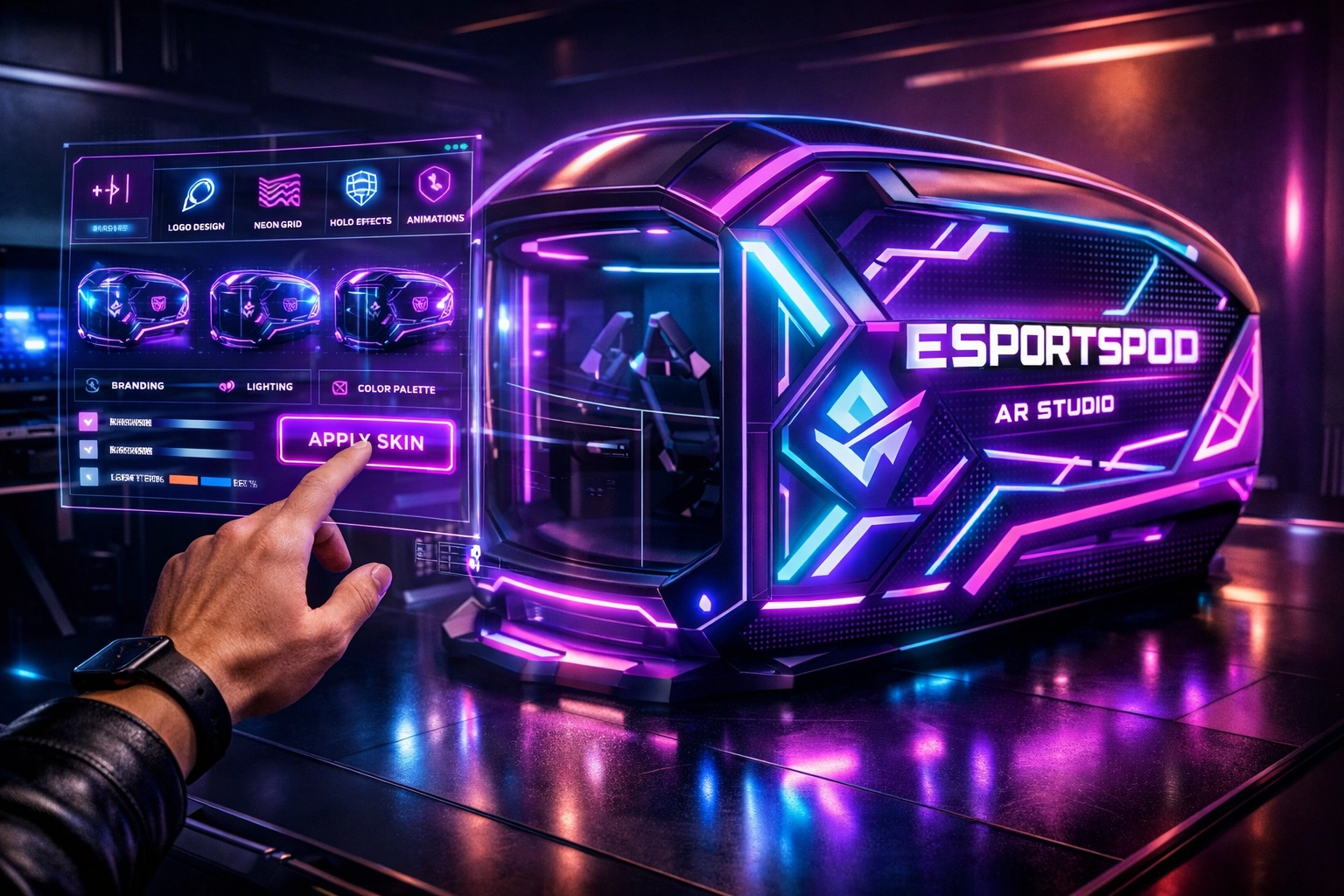 Creative branding interface overlaying AR elements on a physical EsportsPod for targeted media campaigns.