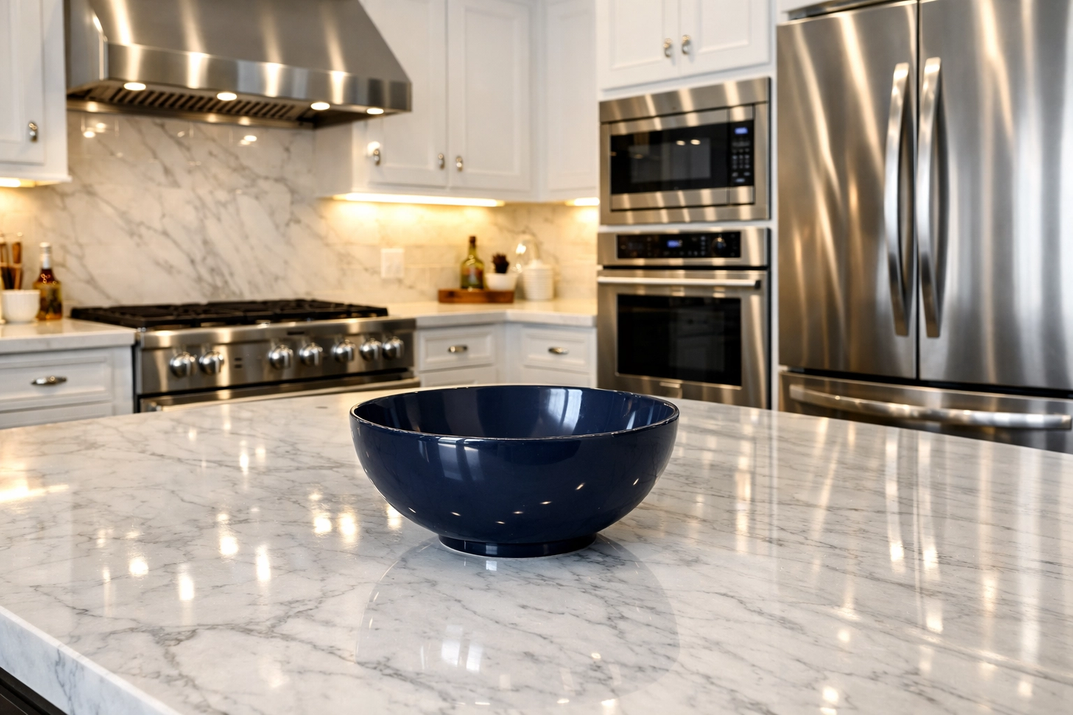 A luxury Wayland kitchen with polished marble counters after professional deep cleaning and post construction cleaning.