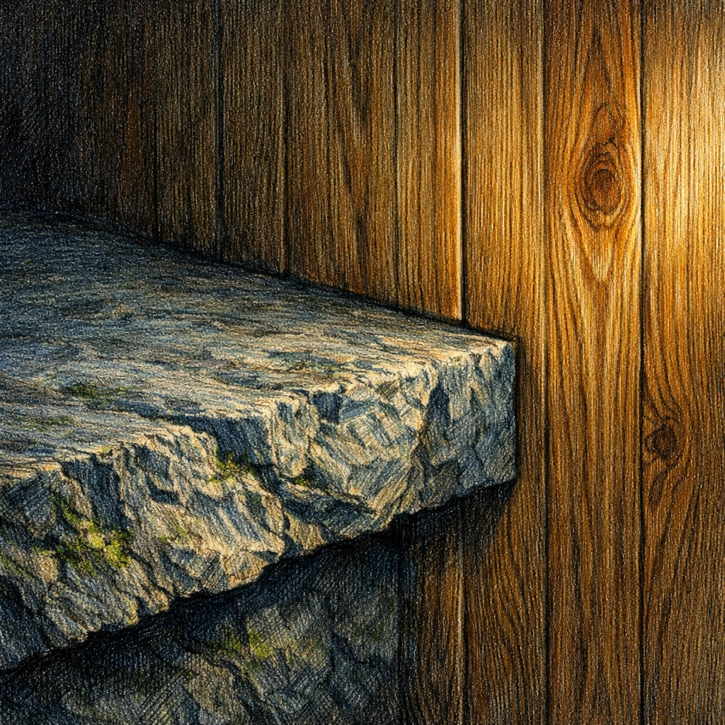 Close-up of local stone and cypress wood textures in a luxury hospitality design project.