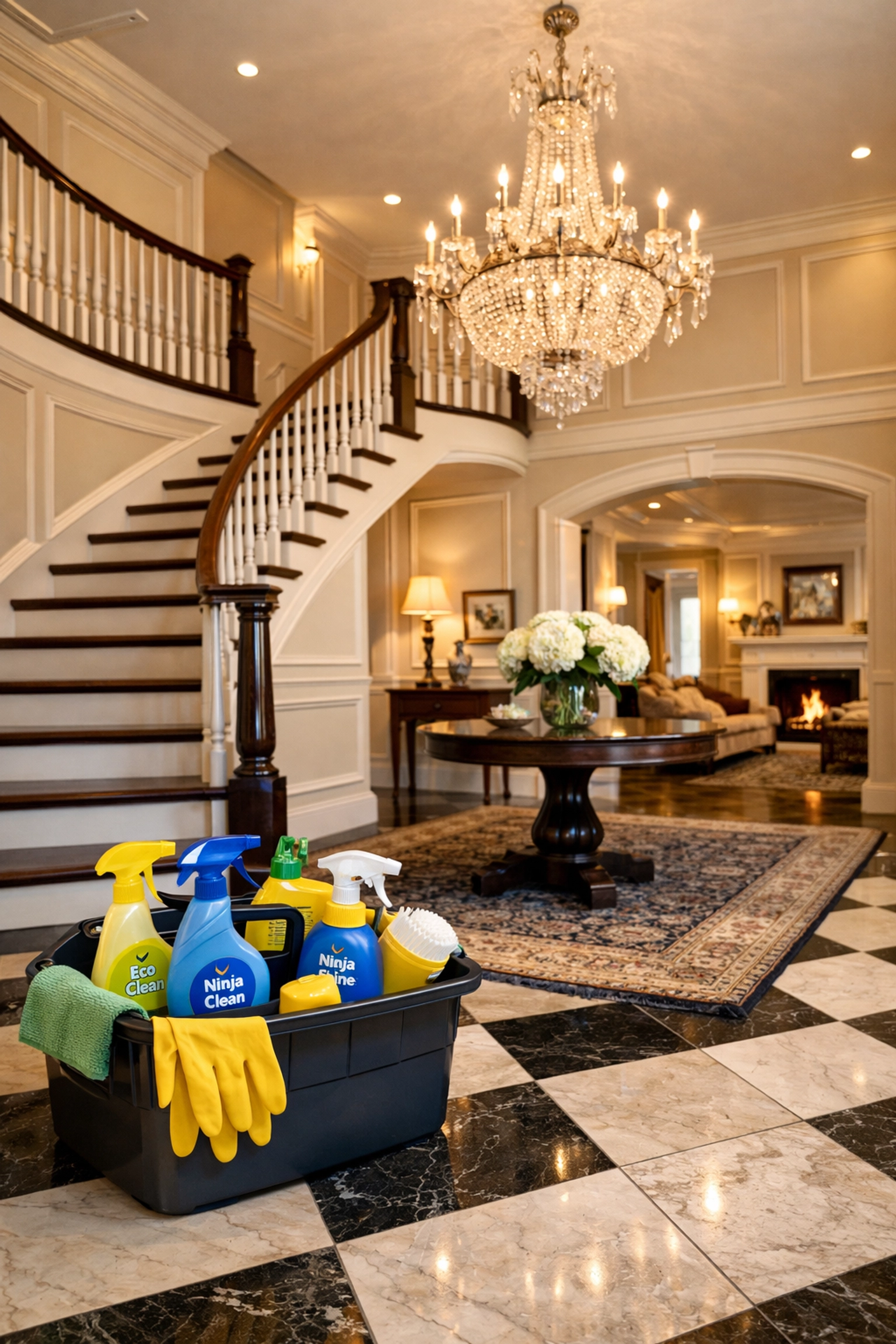 Organized eco-friendly cleaning supplies in a Hingham colonial grand foyer, showcasing Hingham Luxury Cleaning standards.