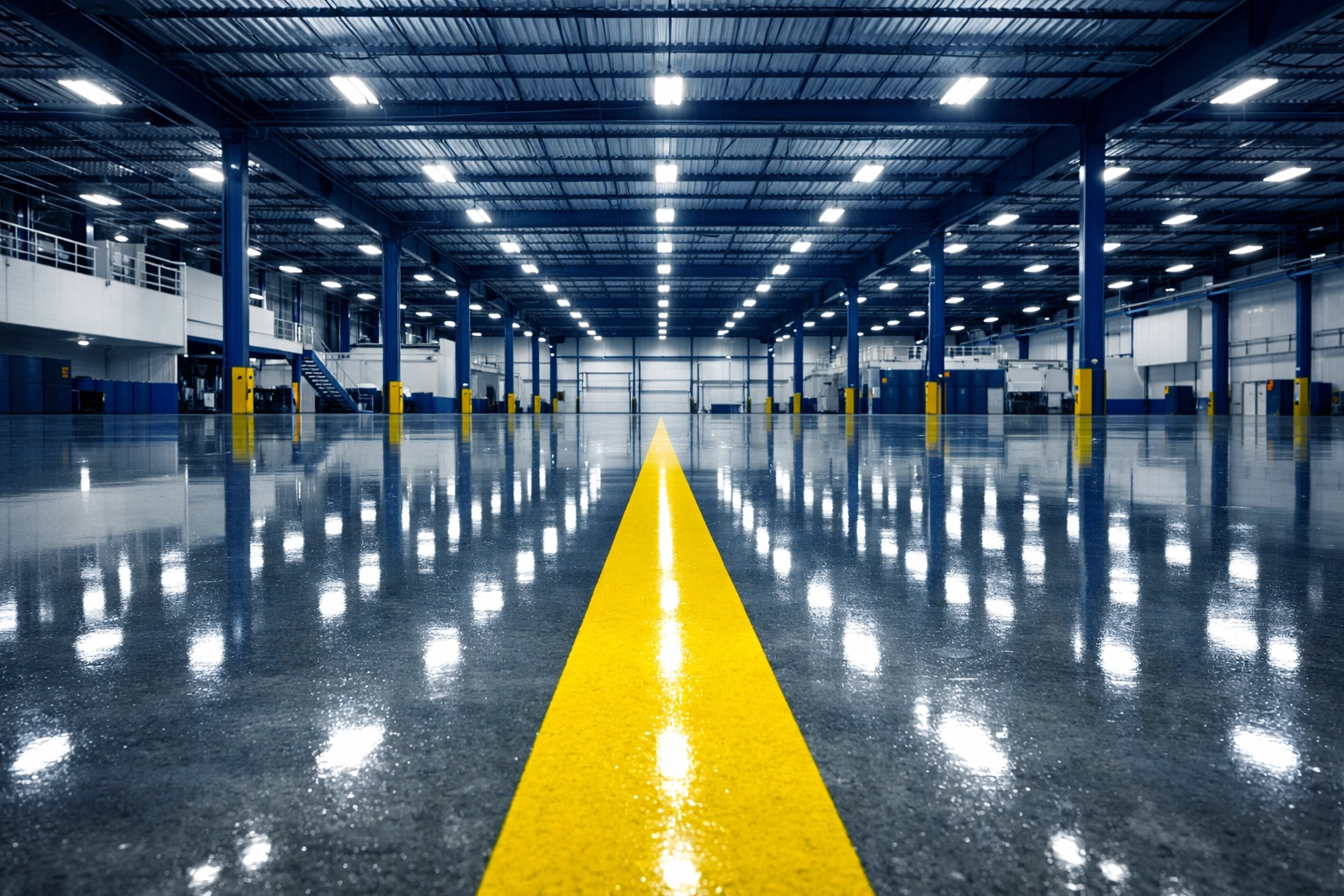Clean warehouse floor maintenance in a Haverhill industrial facility showing high-gloss concrete.
