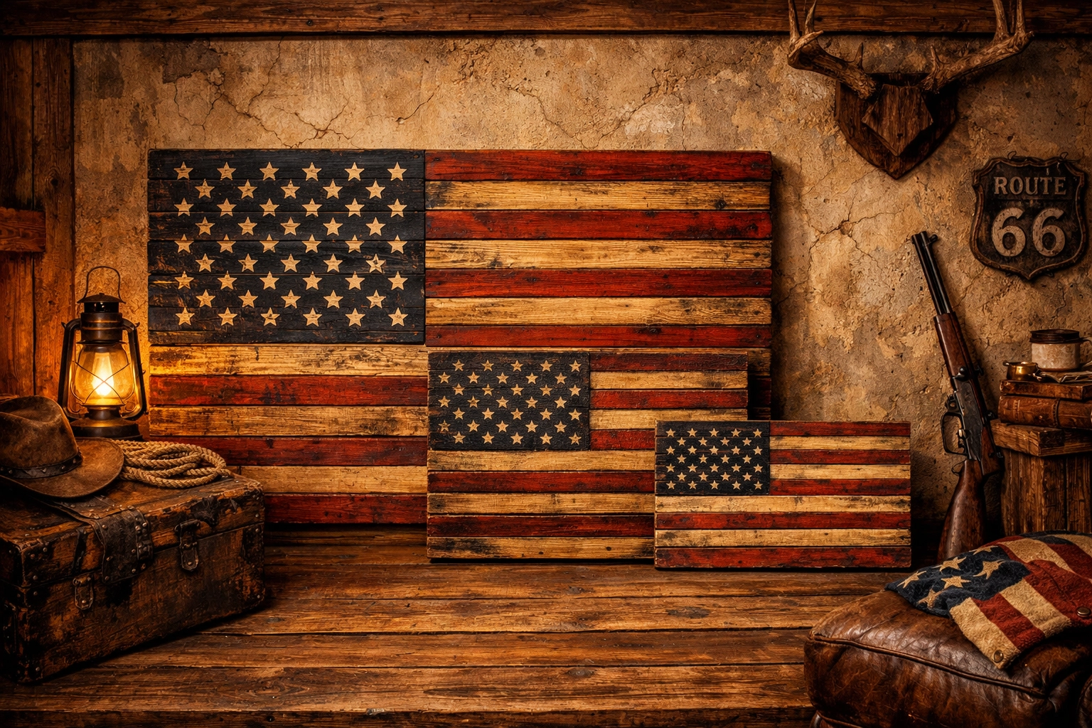 Three sizes of handcrafted wooden American flags displayed together in a rustic home.