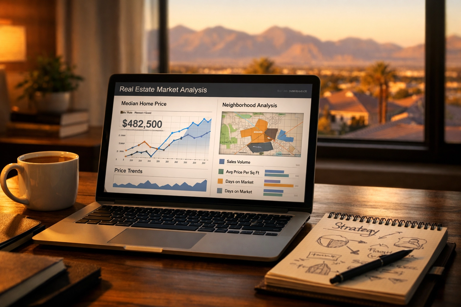 Real estate market analysis on laptop showing Las Vegas neighborhood pricing data and strategy