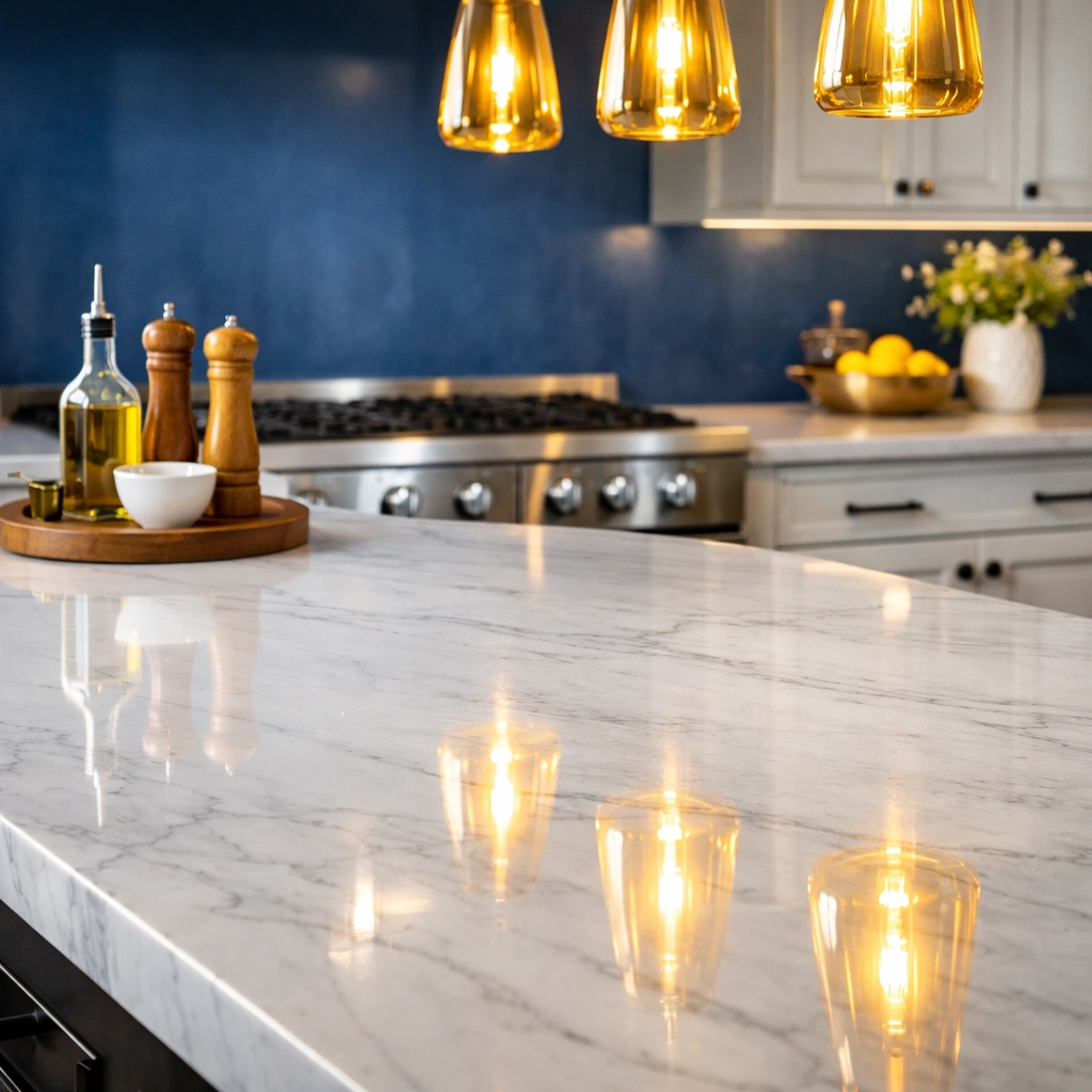 Professional cleaners MA perform a deep cleaning strike on a luxury marble kitchen island and stove.