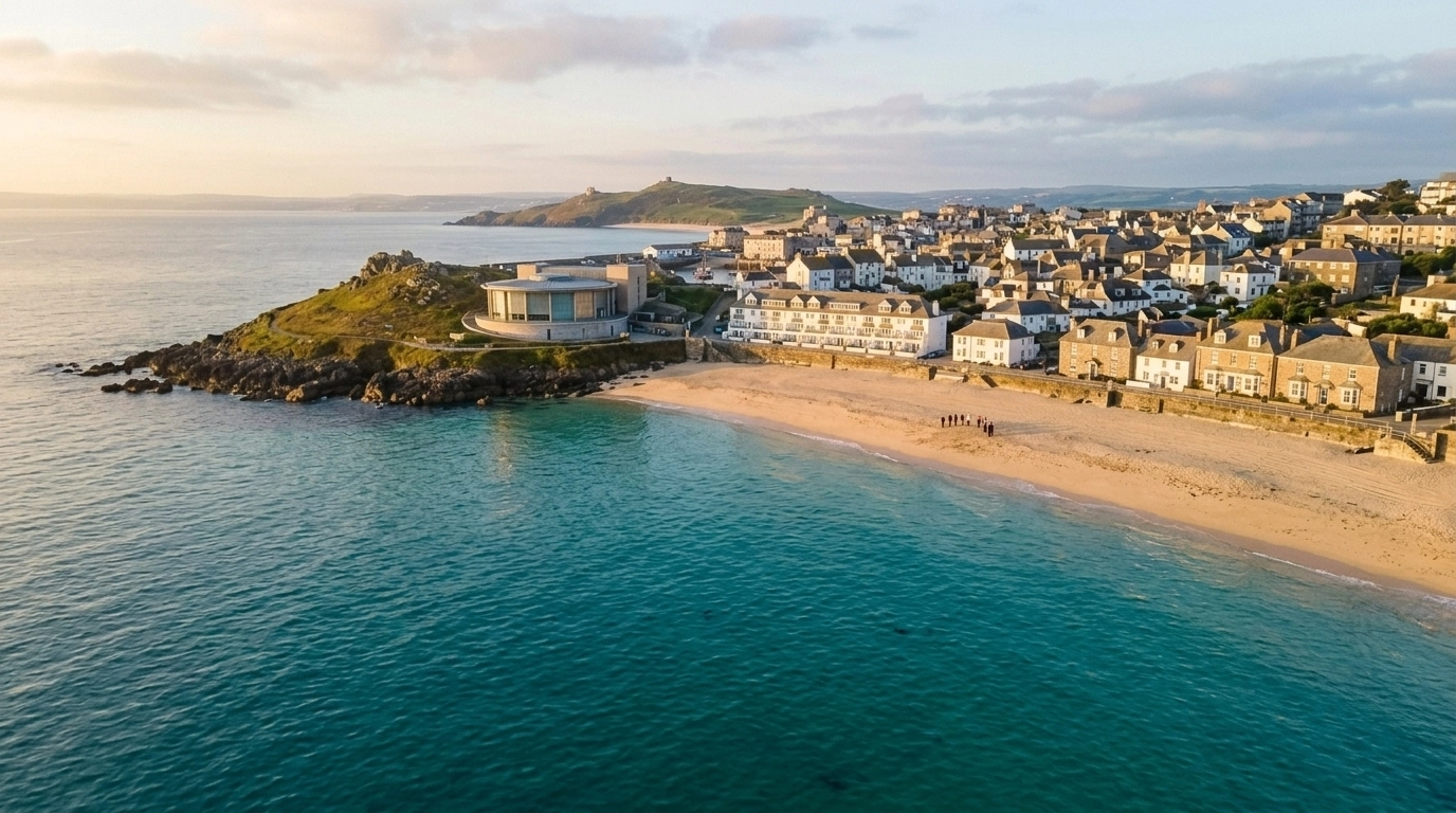 A peaceful view from the ocean looking back toward Porthmeor Beach