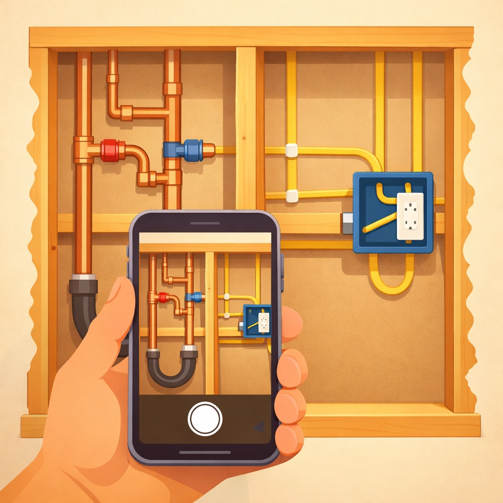 Using a contractor job app to capture construction photo documentation of plumbing and wiring behind a wall.