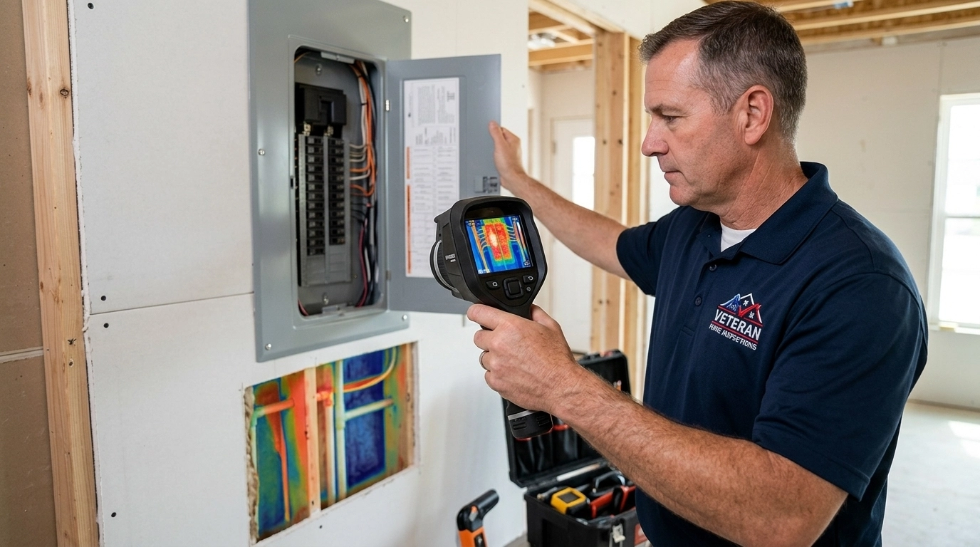 A professional inspector using a thermal imaging camera to detect hidden moisture or electrical hotspots in a newly constructed property.