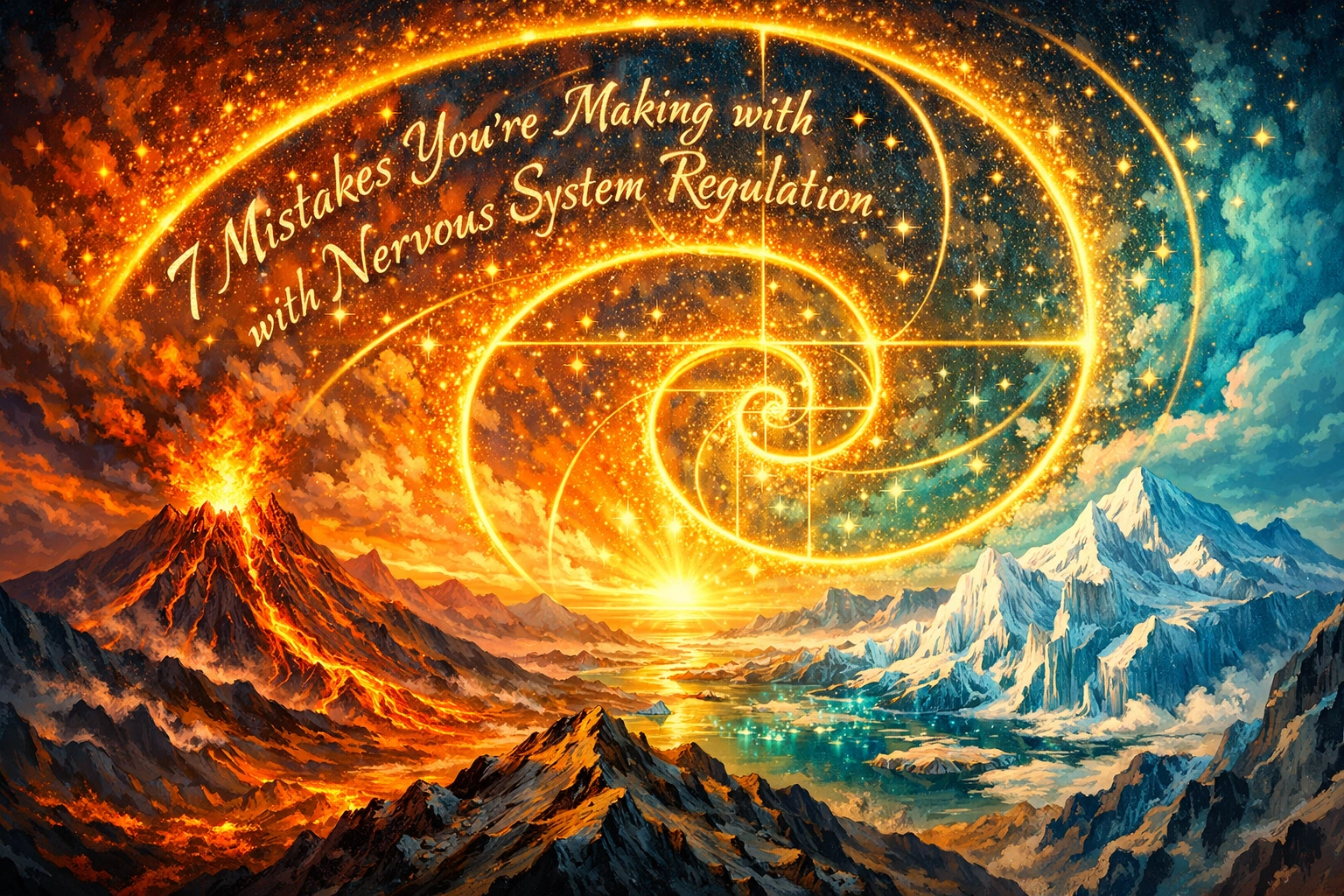 Inner landscape of fire and ice harmonized by a spiral, representing nervous system regulation flexibility.