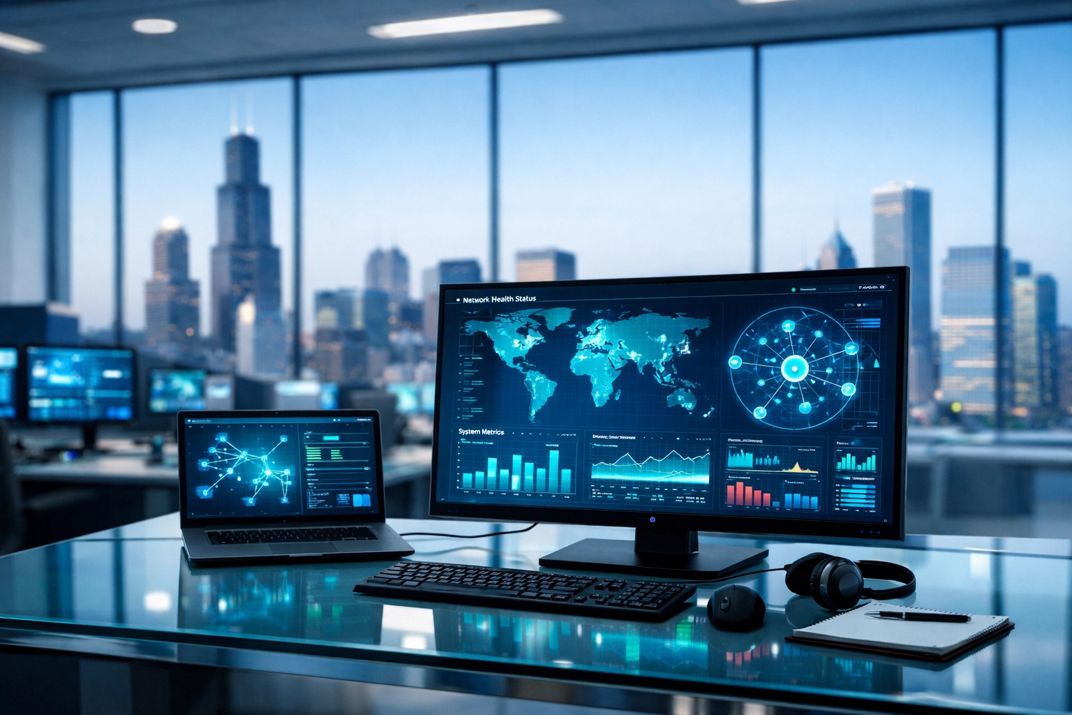 Managed IT services monitoring dashboard overlooking the Chicago skyline for proactive tech support.