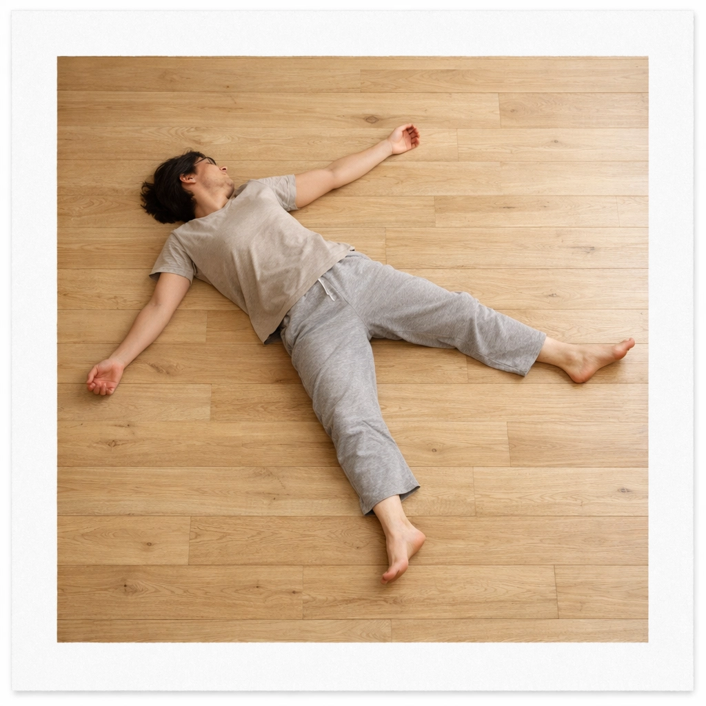 Person lying relaxed on a wood floor practicing somatic grounding for nervous system regulation.