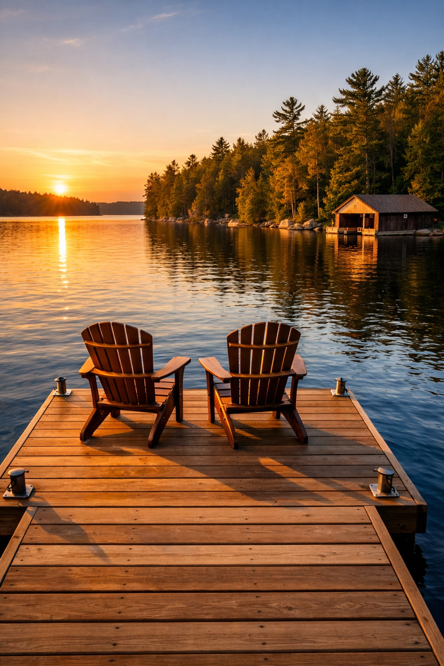 Professional Muskoka cottage photography showing waterfront dock and lake view