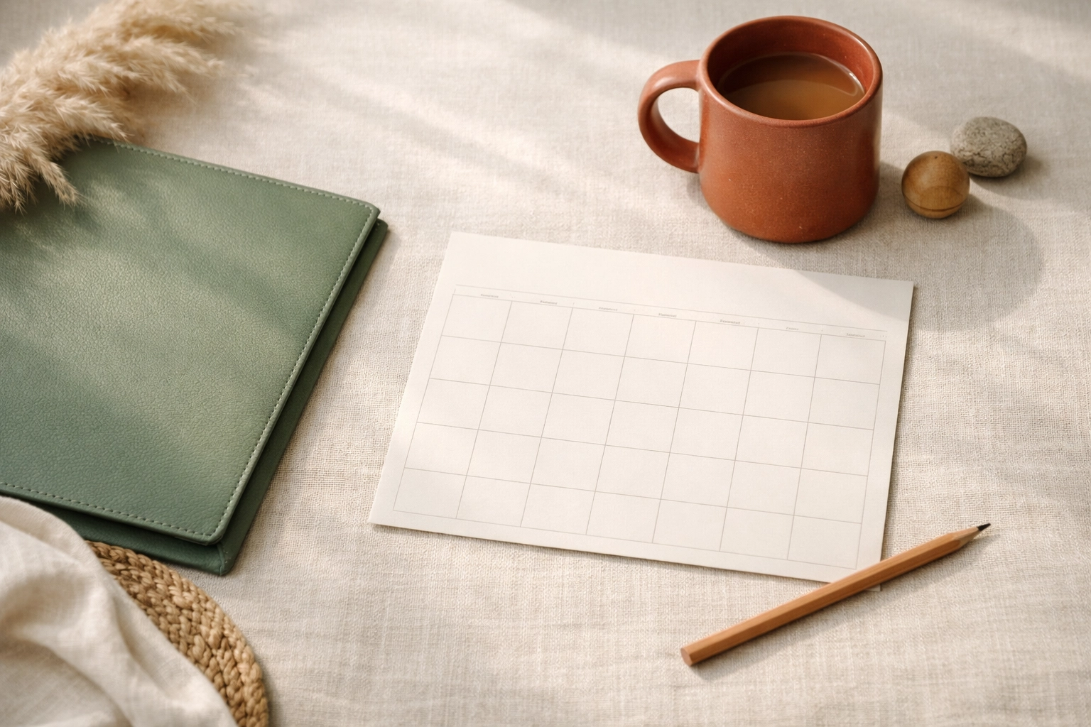 Calm family-law planning workspace with calendar and documents in terracotta, sage, and cream tones