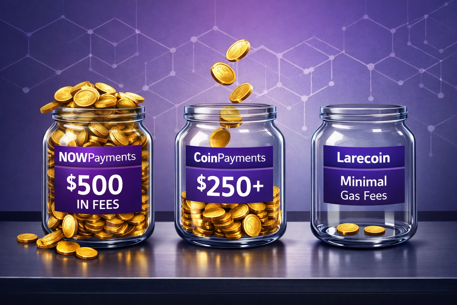Crypto payment processing fees comparison between NOWPayments, CoinPayments, and Larecoin