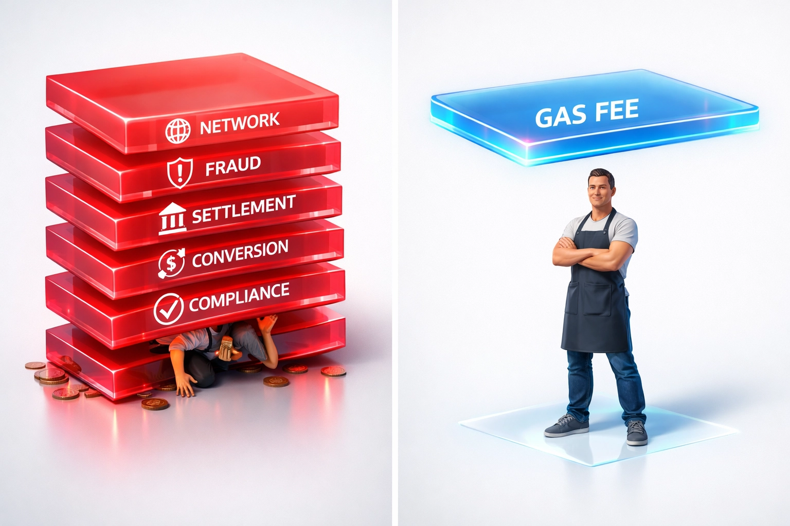 Legacy payment fee layers crushing merchant versus Larecoin gas-only pricing reducing interchange costs