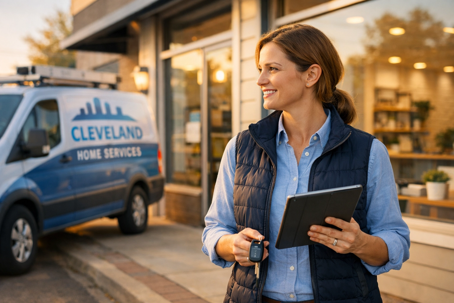 Cleveland business owner with work van outside storefront, planning commercial auto and property coverage