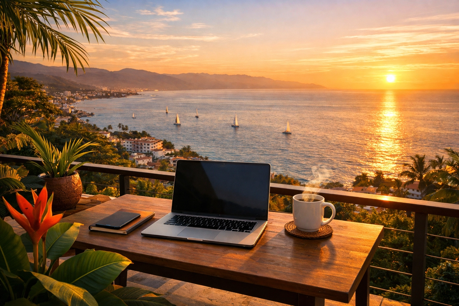 Digital nomad workspace overlooking Banderas Bay in Puerto Vallarta with laptop and ocean views