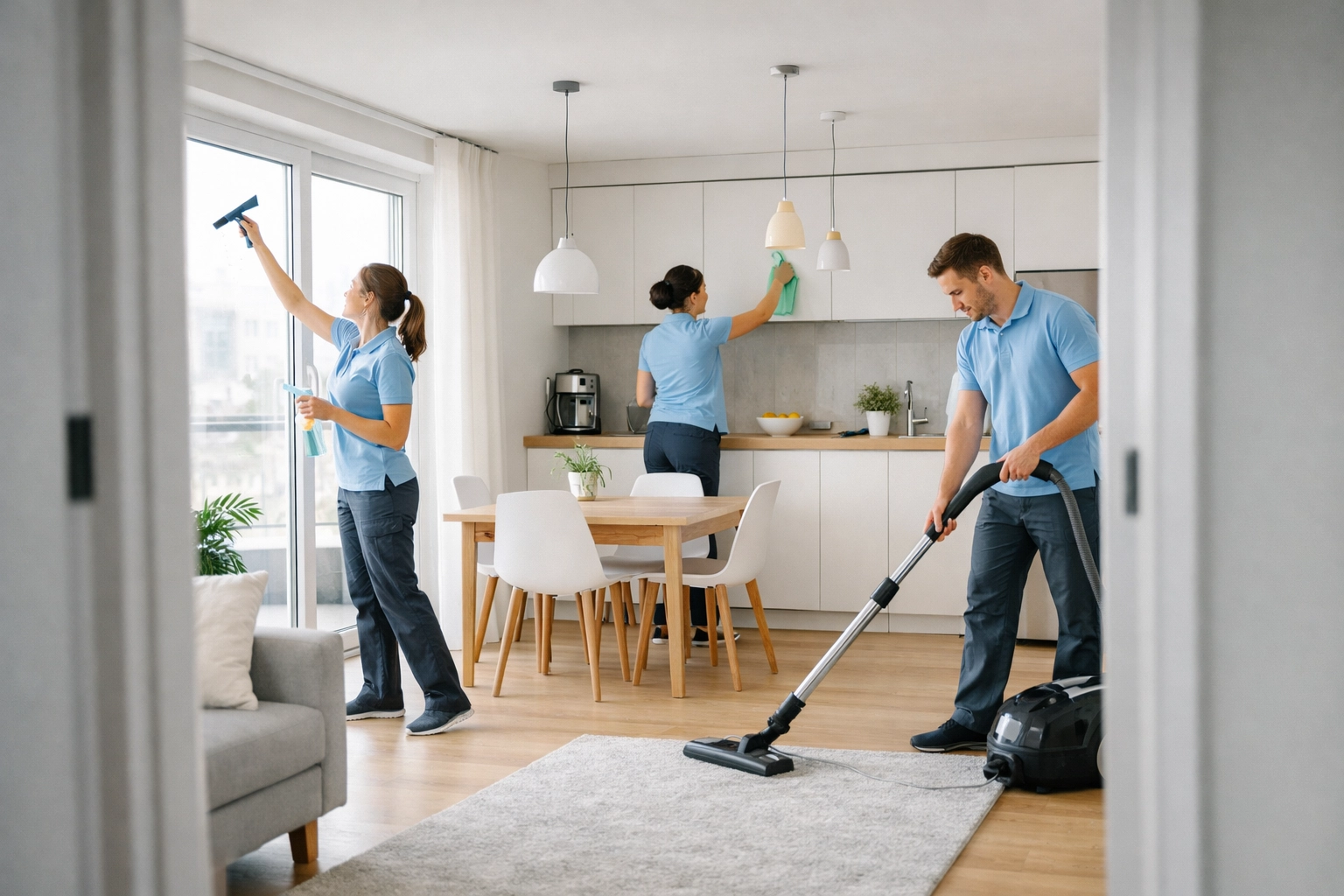Professional cleaning crew efficiently working on apartment make-ready service
