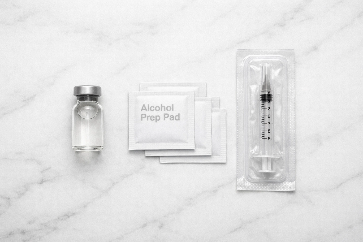 Clinical weight loss kit with Tirzepatide medication vial and sterile medical supplies.