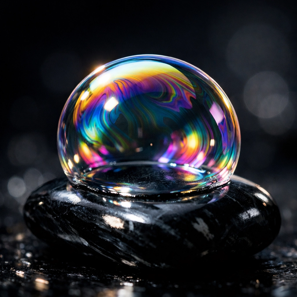 Iridescent bubble on dark stone symbolizing the extreme thinness and skin-to-skin sensitivity of premium condoms.