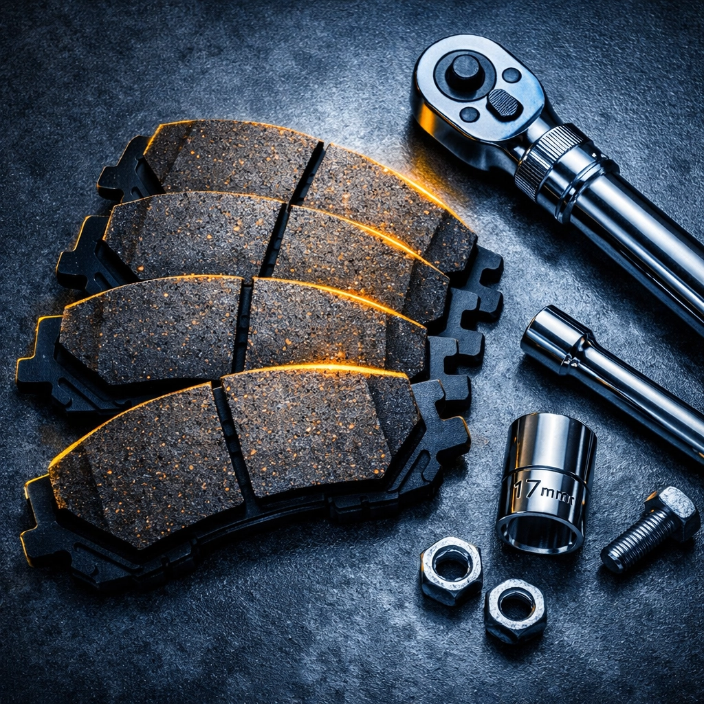High-quality ceramic brake pads and professional tools on a workbench for reliable brake repair in Venice FL.