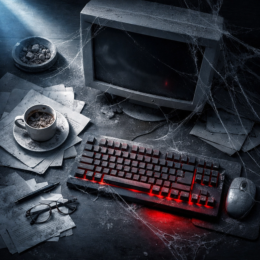 Abandoned desktop workspace representing neglected small business blog losing leads