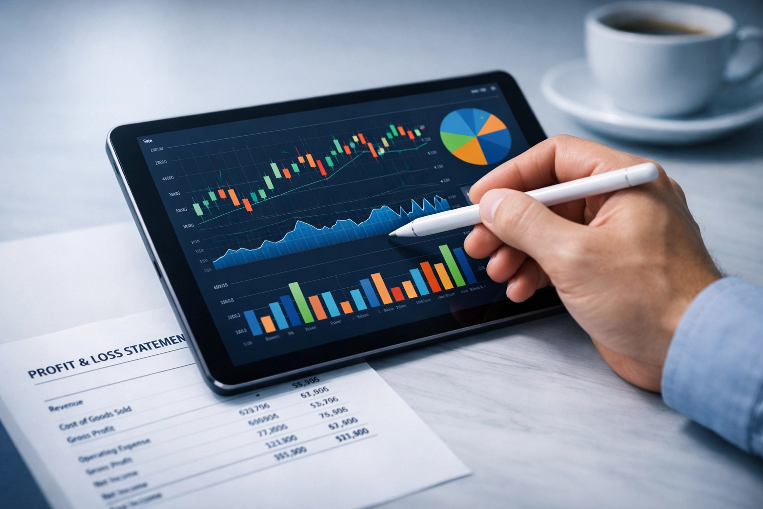 Business owner reviewing financial charts and profit loss statement on tablet for informed decisions