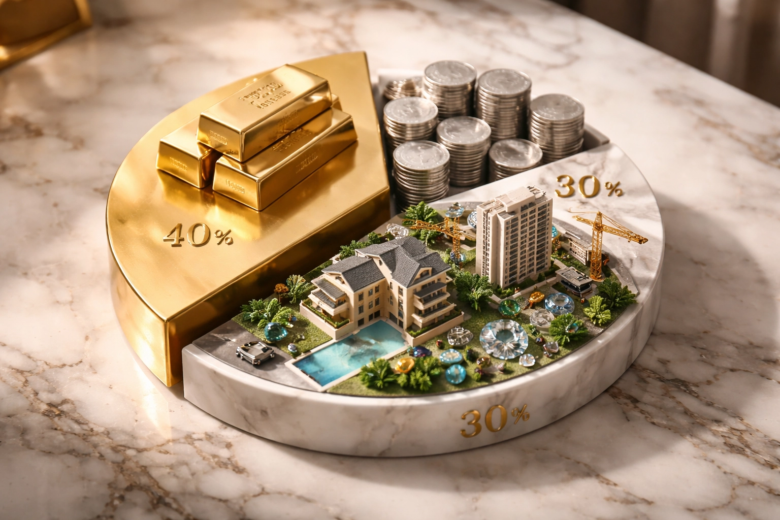 Pie chart with gold bars, silver coins, and real estate models illustrating the 40/30/30 diversification model