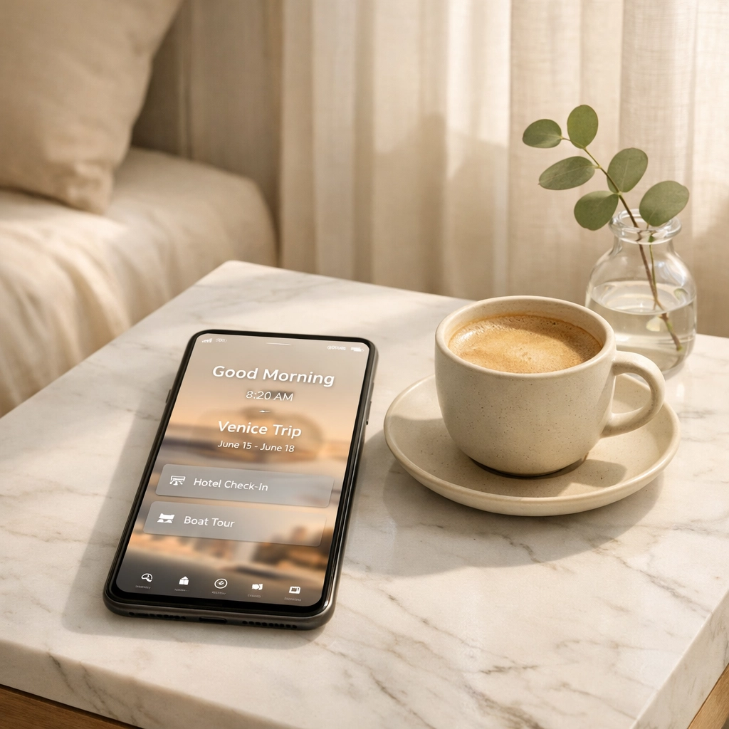 Smartphone displaying an AI travel designer app on a minimalist hotel nightstand with morning light.