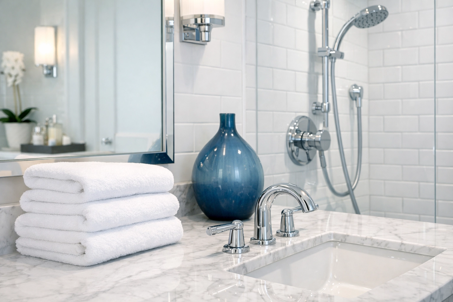 Deep cleaned residential bathroom in Leominster with gleaming chrome fixtures and white subway tiles.